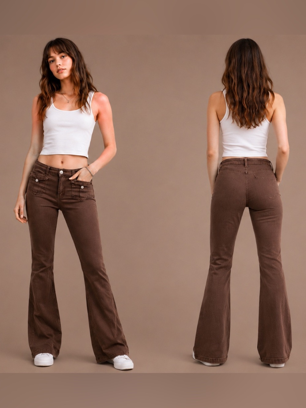 Hot Kiss Low Rise Brown Flare Pants Size 7 Y2K Flap Pocket Stretch Retro 2000s